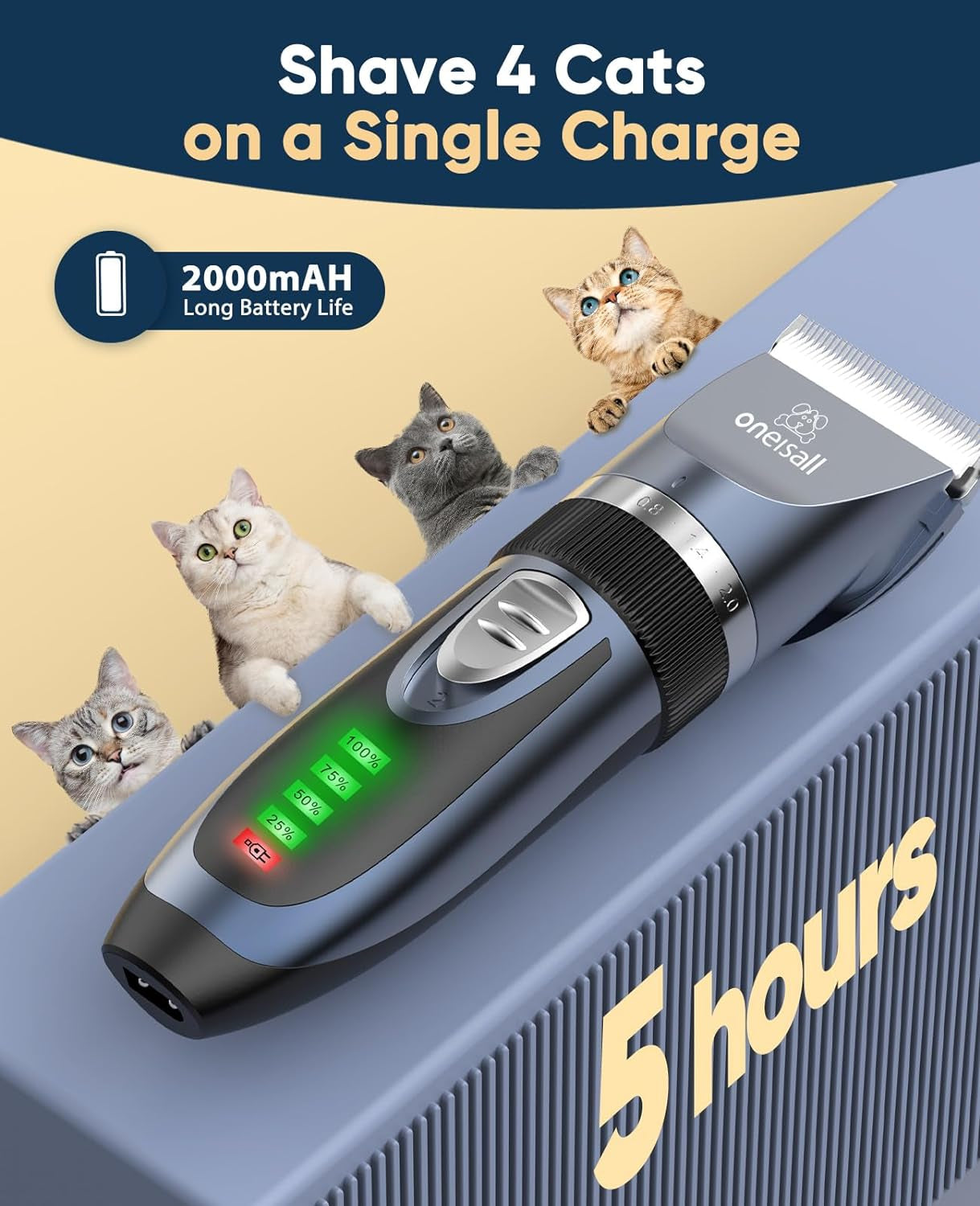 Oneisall Quiet Cat Clippers for Matted & Long Hair, 2-Speed Cordless Pet Shaver Grooming Kit for Cats, Small Dogs & Animals (Blue)