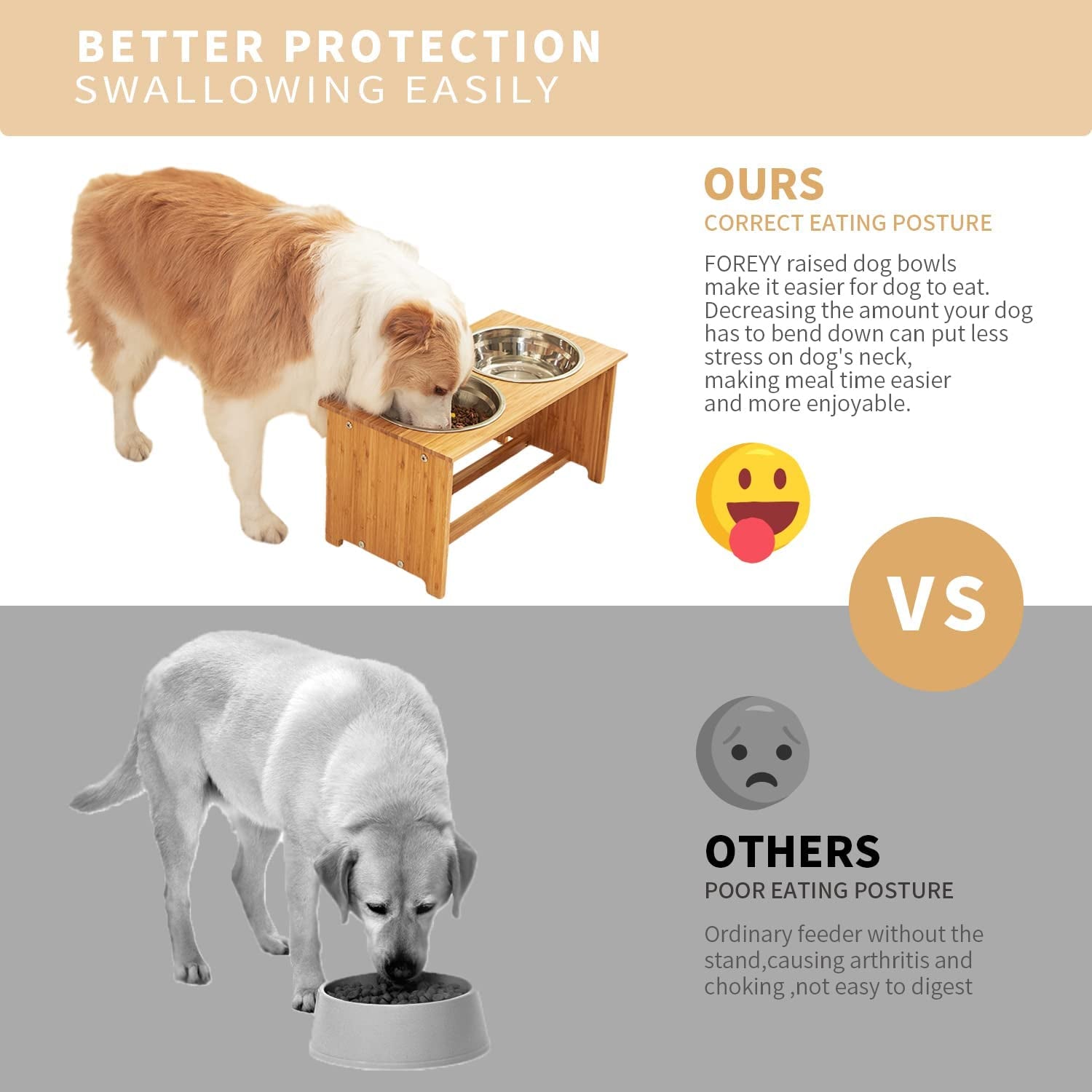 FOREYY Raised Pet Bowls for Cats and Small Dogs, Bamboo Elevated Dog Cat Food and Water Bowls Stand Feeder with 2 Stainless Steel Bowls and anti Slip Feet (10'' Tall-50 Oz Bowl)