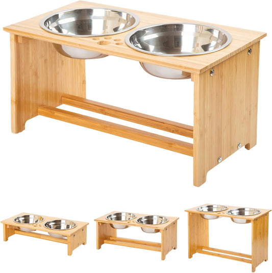FOREYY Raised Pet Bowls for Cats and Small Dogs, Bamboo Elevated Dog Cat Food and Water Bowls Stand Feeder with 2 Stainless Steel Bowls and anti Slip Feet (10'' Tall-50 Oz Bowl)