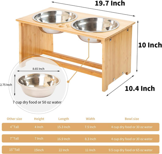 FOREYY Raised Pet Bowls for Cats and Small Dogs, Bamboo Elevated Dog Cat Food and Water Bowls Stand Feeder with 2 Stainless Steel Bowls and anti Slip Feet (10'' Tall-50 Oz Bowl)