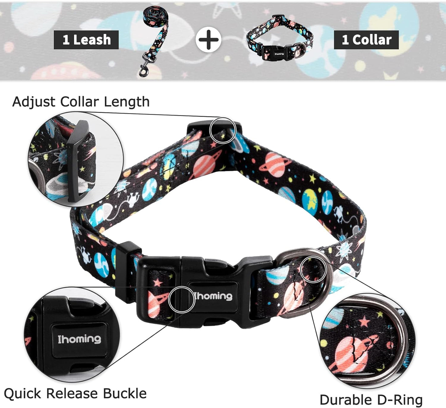 Ihoming Dog Collar and Leash Set for Daily Outdoor Walking Running Training, Space Design for Small Boys Girls Dogs Cats Pets, S-Up to 20LBS