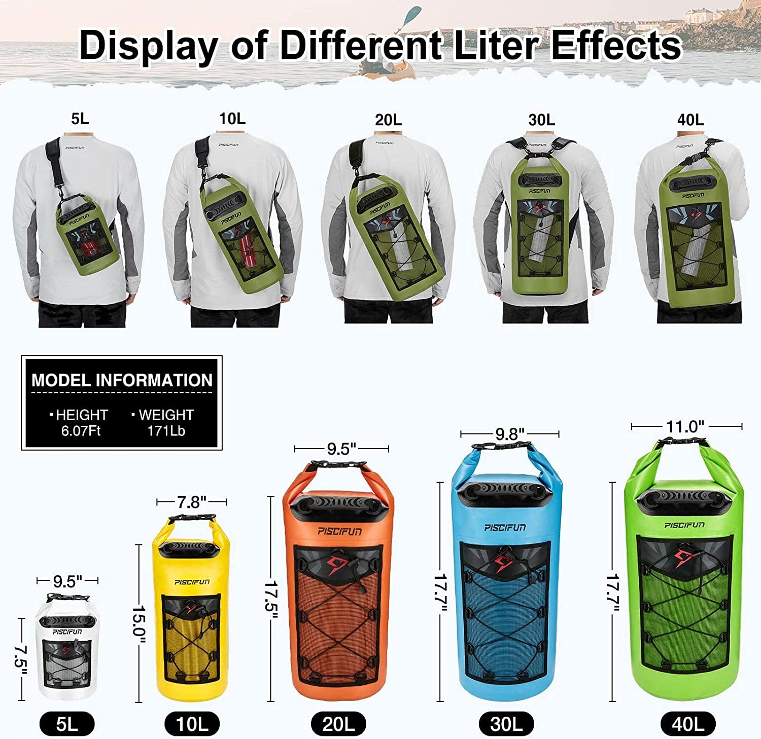 Piscifun Dry Bag, Waterproof Floating Backpack 5L/10L/20L/30L/40L with Waterproof Phone Case for Boating, Kayaking, Fishing
