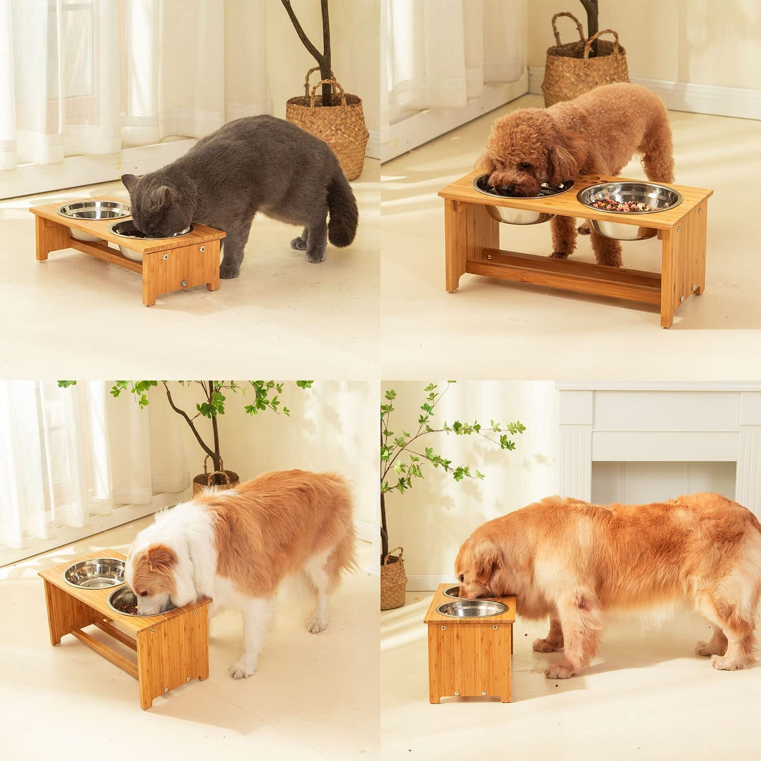 FOREYY Raised Pet Bowls for Cats and Small Dogs, Bamboo Elevated Dog Cat Food and Water Bowls Stand Feeder with 2 Stainless Steel Bowls and anti Slip Feet (10'' Tall-50 Oz Bowl)