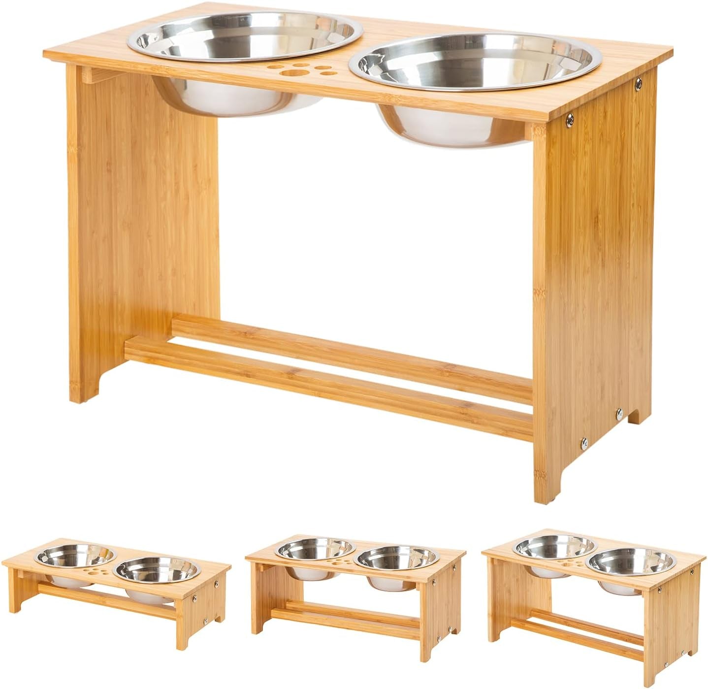 FOREYY Raised Pet Bowls for Cats and Small Dogs, Bamboo Elevated Dog Cat Food and Water Bowls Stand Feeder with 2 Stainless Steel Bowls and anti Slip Feet (10'' Tall-50 Oz Bowl)