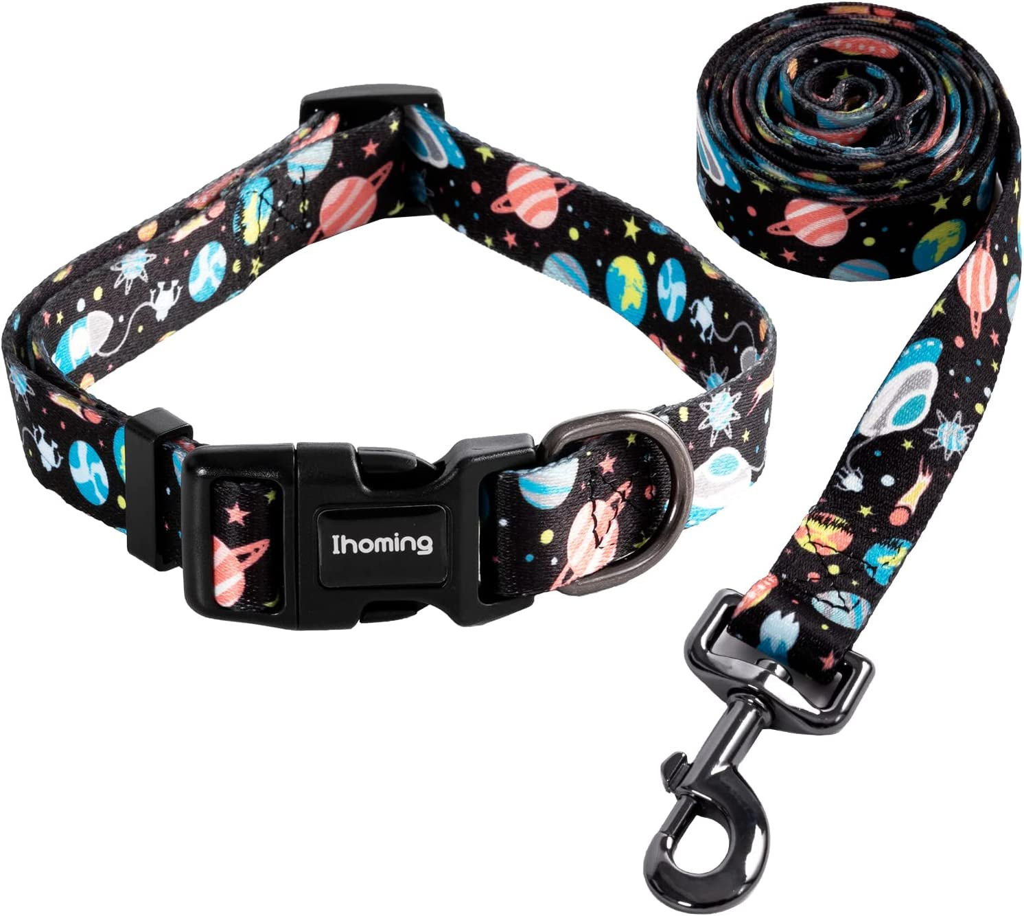 Ihoming Dog Collar and Leash Set for Daily Outdoor Walking Running Training, Space Design for Small Boys Girls Dogs Cats Pets, S-Up to 20LBS